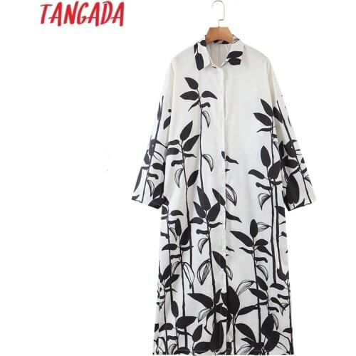 Tangada Spring Fashion Women Flowers Print Oversized Shirt Dress Long Sleeve Office Ladies Midi Dress SL83