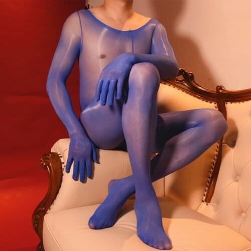 Unisex Sexy Crotchless Bodystocking Lingerie Oil Shiny Sheer Nylon Pantyhose Bodysuit U Convex Pouch Penis Sheath One Piece Body