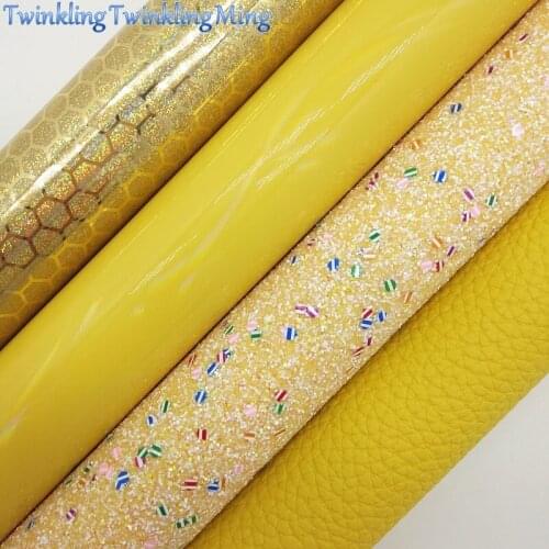 YELLOW Glitter Fabric, Patent Synthetic Leather, Litchi Faux Fabric Sheets For Bow A4 21x29CM Twinkling Ming XM014F