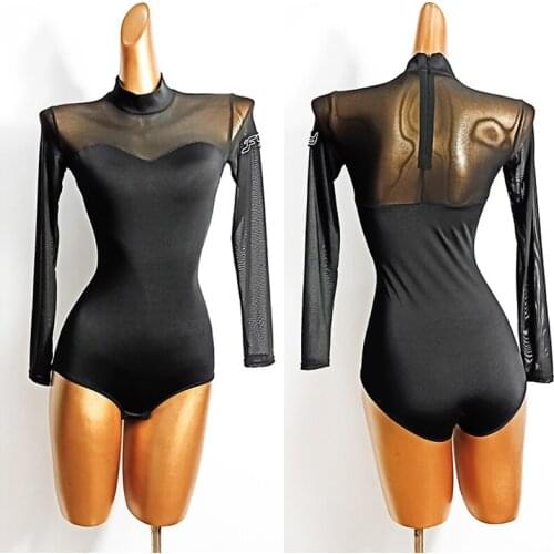Latin Dance Top Adult Women Long Sleeved Bodysuit Elastic Mesh Tango Salsa Samba Ballroom Black Shirt Show Practice Wear VDB2578