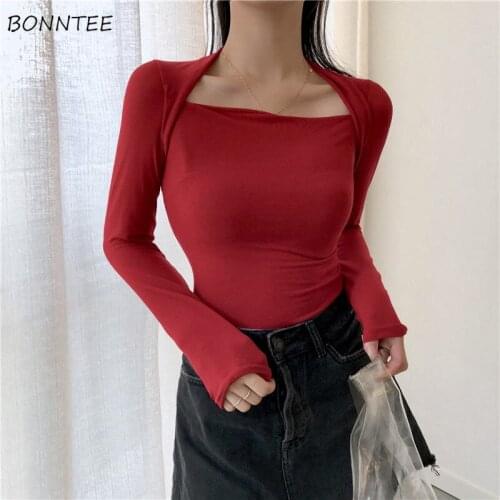 Long Sleeve T-shirts Women Solid Square Collar Slim Retro Skinny Sexy Lady All-match Ulzzang Elegant Daily Casual Fashion Tee