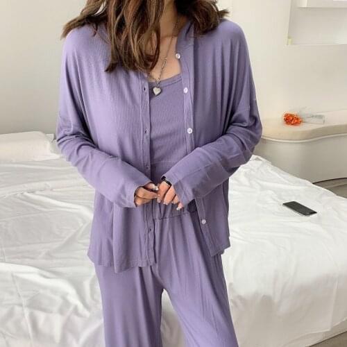 Pyjama Femme Spring Summer Pajamas Female Modal Cardigan Vest Three-Piece Set Wide Leg Pant Womens Outside Wear Pijama Suit