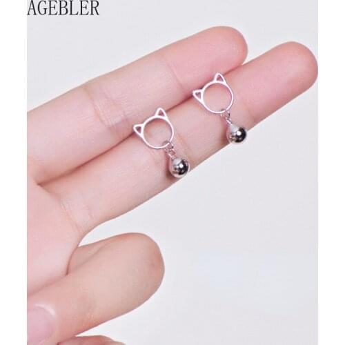 925 Sterling Silver Needle Cute Cat Stud Earrings with Bell Short Earrings Women Gift Exquisite Jewelry Korea Simple Style