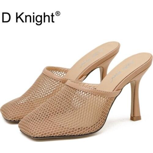 Large Size 35-41 Women High Heels Slippers Fashion Square Toe Lace Ladies Slides Shoes Sexy Thin Small Heels Sandals Shoes Woman