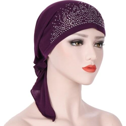 Women Hijab Head Scarves Sticking Drill Ladies Bonnet Cap Turbante Stretchy Modal Cotton Turban Dome Cap Headwear for Chemo
