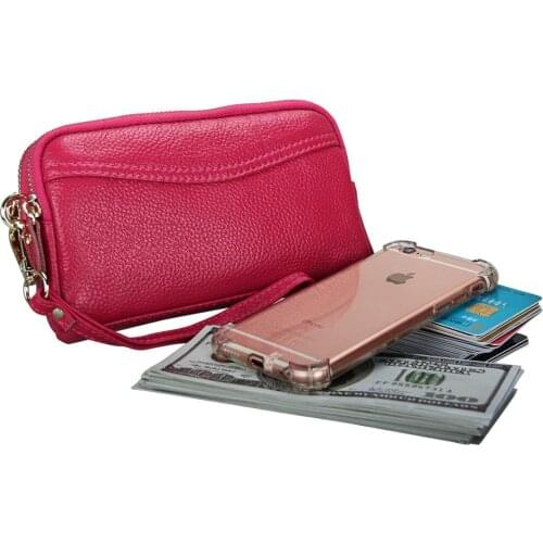 100% Genuine Leather New Trendy Fashion Female Bag Double Zipper Coin Purse Mobile Phone Bag First Layer Cowhide Ladies Clutch