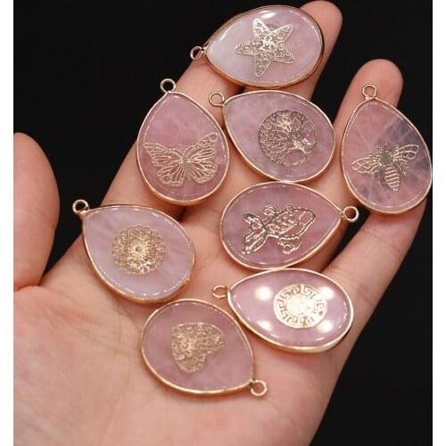 2021Fashion Natural Semi-precious Stone Drop-shaped Rose Quartz Gold-plated Pendant Making DIY Necklace Jewelry Accessories Gift
