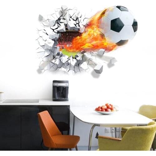 3d Firing Football Broken Hole Wall Stickers For Kids Room Home Decoration Diy Sports Soccer Mural Art Home Decals Pvc Poster