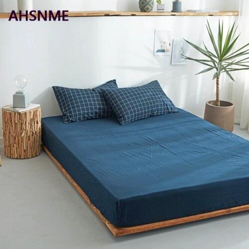 AHSNME Navy blue 100% Cotton sheets Super Soft parure de lit Cool Summer Simple Water Fitted Sheet 100/120/135/150/200/180/200cm