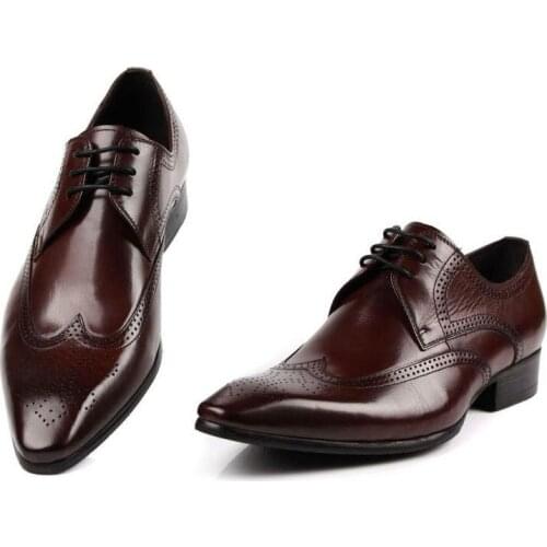 Brogue Carving Genuine Leather Dress Men Shoes Pointed Toe Lace-Up Wedding Shoes Mens Business Office Work Shoes Black Brown