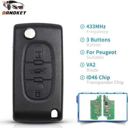 Dandkey For Peugeot Partner 207 208 307 308 408 3 Buttons Flip Car Remote Key 433MHz Fit CE0536 Fob Uncut VA2 Blade ID46 Chip