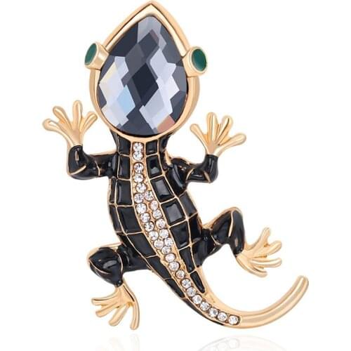 Enamel Black Lizard Gecko Brooch Antique Alloy Crystals Rhinestone Unique Animal Lizard Pin Clothing Jewelry Accessories AL606