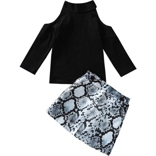 0-4Y Fashion Toddler Baby Girls Clothes Sets Solid Off Shoulder Long Sleeve Pullover Tops Snake Pattern Short Skirts 2pcs