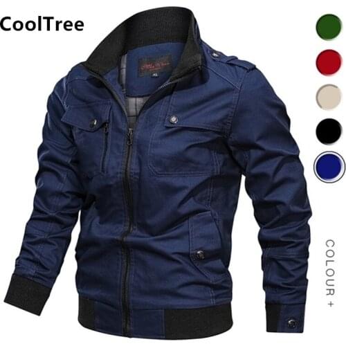 CoolTree Men Military Jackets Spring Autumn Stand collar Cotton Bomber Coats Male Army Solid color Cargo Pilot Flight Outerwear