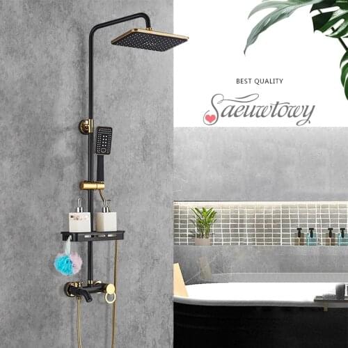 Saeuwtowy Black plus Gold ABS Shower Head and Hand Shower Brass Faucet Cold and Hot Switch Free Lifting Rotatable Shower Set