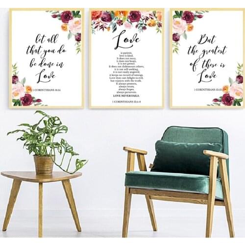 Bible Verse Love Quotes Wall Art Canvas Painting Watercolor Flowers Scripture Christian Posters And Prints Pictures Home Decor