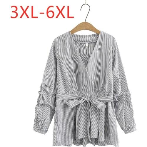 New 2021 Ladies Spring Autumn Plus Size Tops For Women Large Blouse Long Sleeve Loose Ruffle Stripe Belt Shirt 3XL 4XL 5XL 6XL