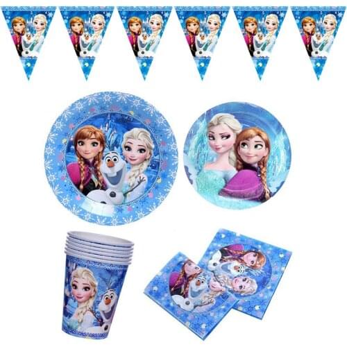 Disposable Tableware Disney Theme Frozen Blue Products Anna Elsa Princess Decorations Children Girls Cups and Trays Straws