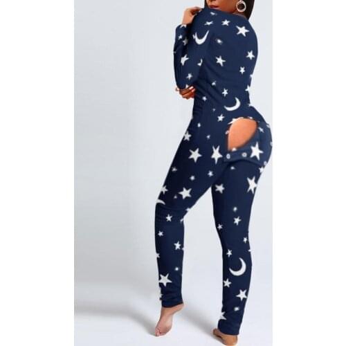 2021 Women Sexy Functional Buttoned Flap Moon Star Printed Adults Pajamas Suit One Piece Sleepwear Detachable Jumpsuits 2 Styles