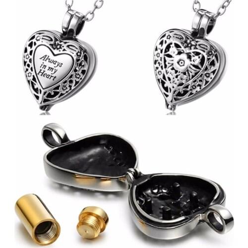 Always in my heart memorial urn locket cremation Necklace urn pendant vintage flower design ashes jewelry