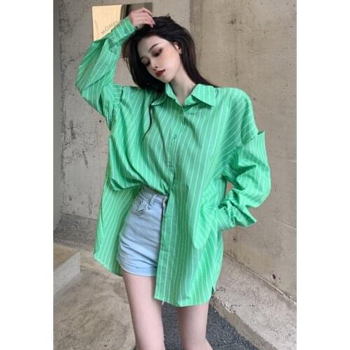 Real Shot 2021 New Fashion Design Striped Off-The-Shoulder Loose Long-Sleeved Casual Shirt