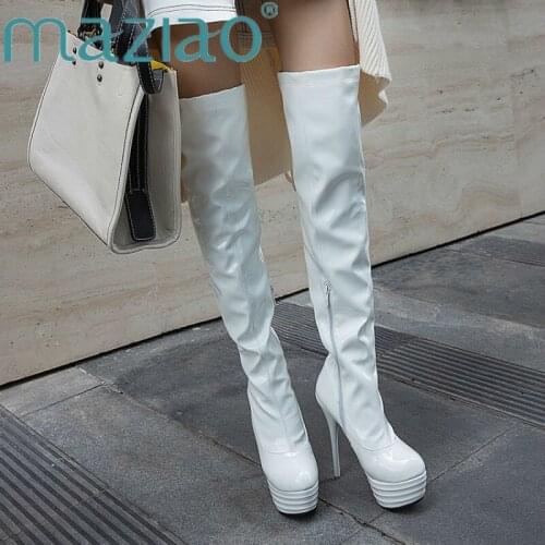 Patent Leather Pointed Toe Women Shoes Sexy Thin High Heel Party Shoe woman Winter ovet the knee Boots Plus Size 33-48 MAZIAO