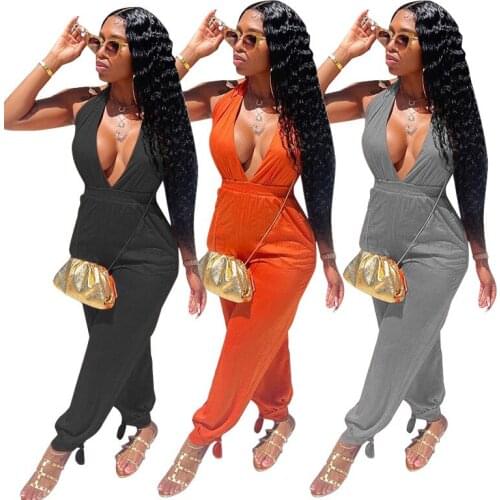 Sexy Deep V Neck Halter Jumpsuit Women Elegant Solid Sleeveless Bandage Tie Feet Slim Pants Club wear Romper Overalls Outfits