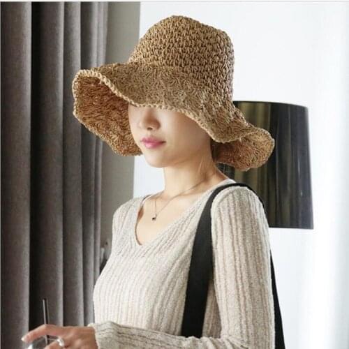 Women Fashion Summer Handmade Foldable Strawhat Sun Hat Large Along Vintage Handmade Crochet Straw Braid Sun-shading Hat
