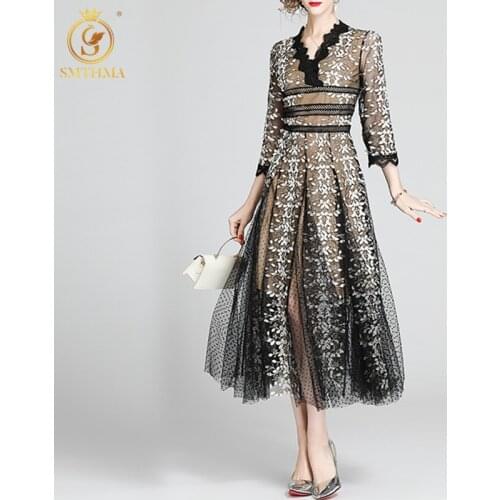 2021 New Fashion Designer Spring And Summer Vintage Party Dress Women Sexy V-Neck Mesh Flowers Embroidered Pleated Dress