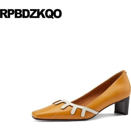 Strange Medium Heels Chunky 2021 Abnormal Yellow Girls High Genuine Leather Brand Designer Shoes Women Pumps Square Toe Size 33