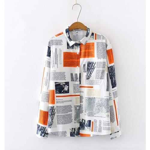 Streetwear Womens Newspaper Print Chiffon Blouses Spring Autumn Long Sleeve Shirts Tops Vintage Casual Feminina Blusas Cardigans