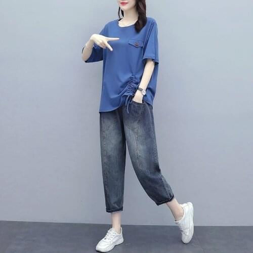 Summer Clothes Women Plus Size 4XL Fashion Two-piece Set O-neck T Shirt Top and Jeans Suits Retro Casual Sets Femme X172
