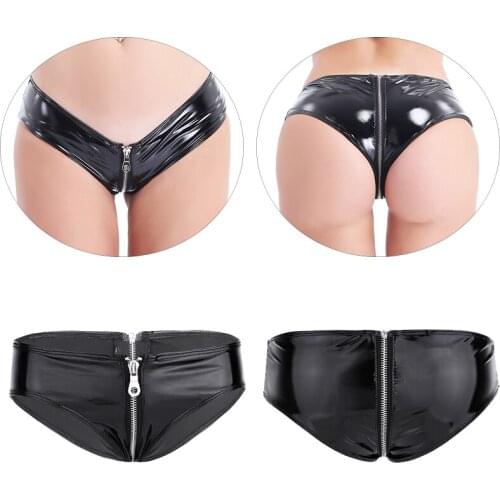 Womens Sexy Lingerie Zipper Crotch Underwear Low Rise Patent Leather Shiny Shorts Clubwear Erotic Bikini Briefs Underpants