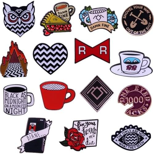 Twin Peaks Pin Double R Coffee Agent Cooper Badge Black Lodge Owl Brooch David Lynch Movie Fans Art Collection