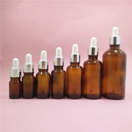 2/10pcs 5/10/15/20/30/50/100ml Empty Amber Glass Essential Oil Dropper Bottles with Silver Aluminum Cover Refillable Container