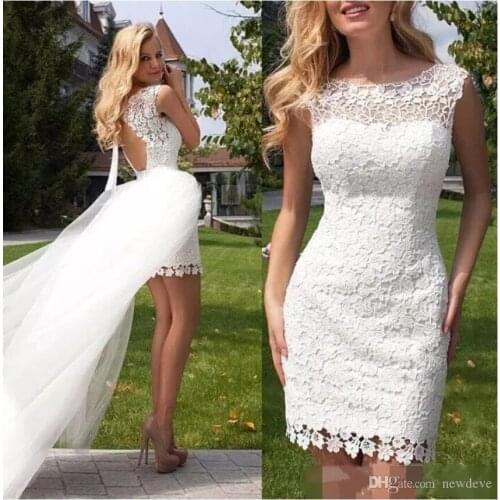 2021 Mini Wedding Dresses Bridal Gowns With Detachable Train Sexy Open Back Bridal Gowns Full Lace Sheath Wedding Dress