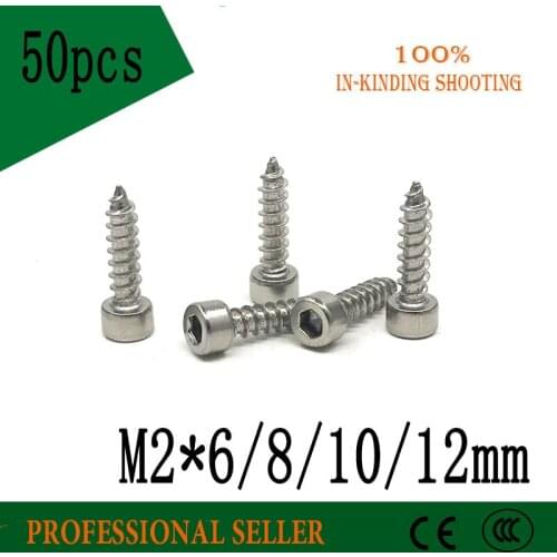 50pcs Free shipping M2 *6/8/10/12 mm 304 stainless steel Hexagon Socket Cap Head self tapping screw Model Screw