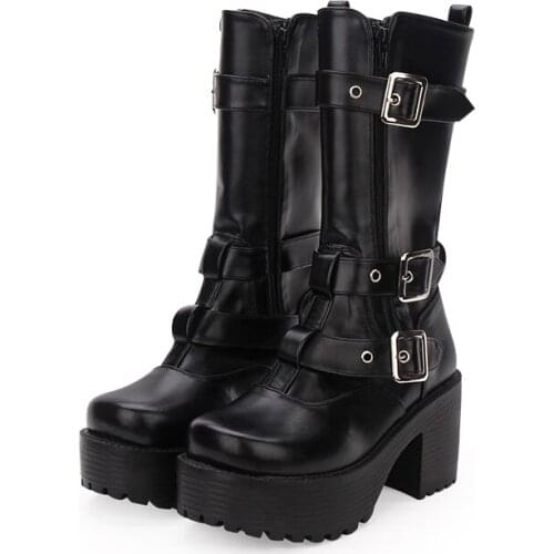 Angelic imprint New Arrival PU Leather Round Toe Punk style Lolita boots High Heel Lace Up Womens Shoes Size35-39 9637