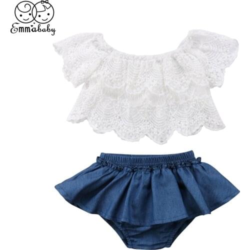 Summer Toddler Baby Girls Clothes Floral Lace Tops+Denim Dress Pants Set 0-3T