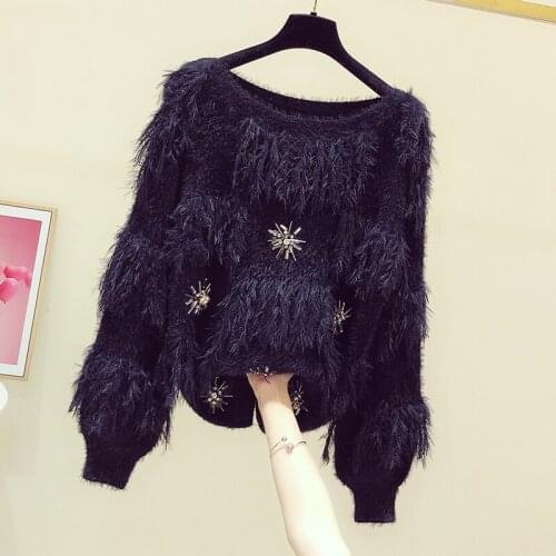 Fashion Beaded Knitted Women Sweater Pullovers O-Neck Solid Black Tassel Lantern Sleeved Loose Office Lady Elegant Pulls Outwear