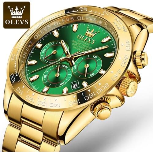 OLEVS Mens Automatic Watches Waterproof Gold Stainless Steel Strap Green Dial Mechanical Wristwatch For Men Reloj Hombre 6638