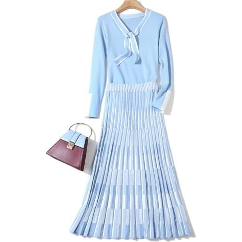 2020 New Womens Clothing Two Piece Set Cotton Office Lady Full Lady Autumn Set Draped O-Neck Elastic Waist Mid-Calf Knitted Set