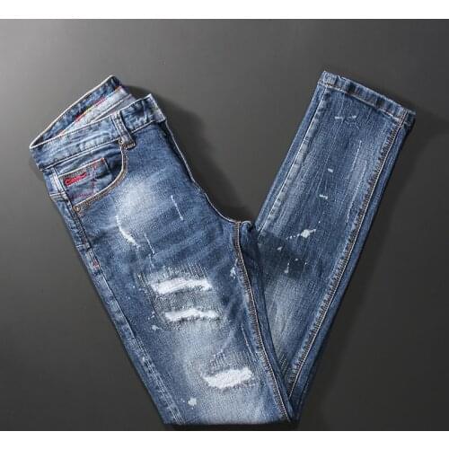 Newly Designer Fashion Men Jeans High Quality Retro Light Blue Patches Ripped Denim Pants Elastic Slim Fit Vintage Long Trousers