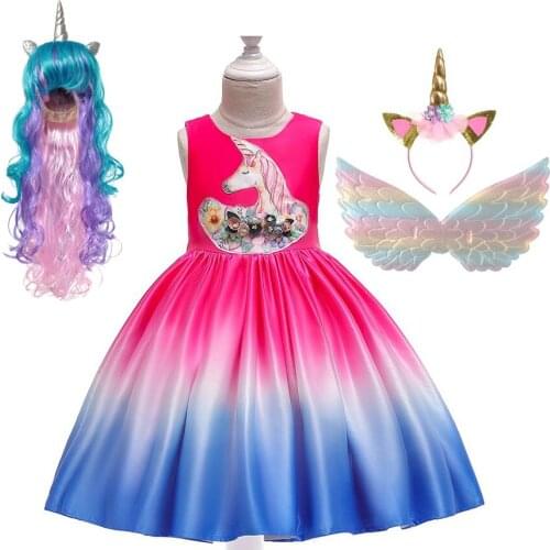 Girls Unicorn Gradient Princess Dress Up Sleeveless Blue Rose Color Pageant Party Ball Gown Children Birthday Halloween Clothes
