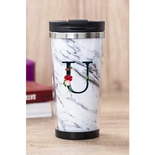 Gift Shop U Letter White Marble Thermos Cup