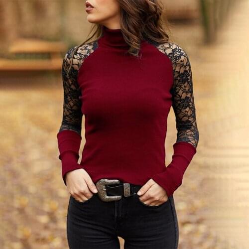 Plus Size Turtleneck Lace T-shirt Women Winter Autumn Bodycon Patchwork Knitted Tops Casual Hollow Out Long Sleeve Pullover Tees