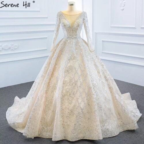 Champagne Luxury Long Sleeves Dubai Wedding Dresses 2020 High-end Beading Sparkle Sexy Bride Gowns HM67157 Custom Made