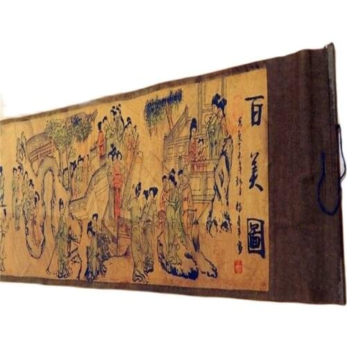 Silk Paper Pretty Chinese Ancient Painting 1 hundred Beautiful women Scroll