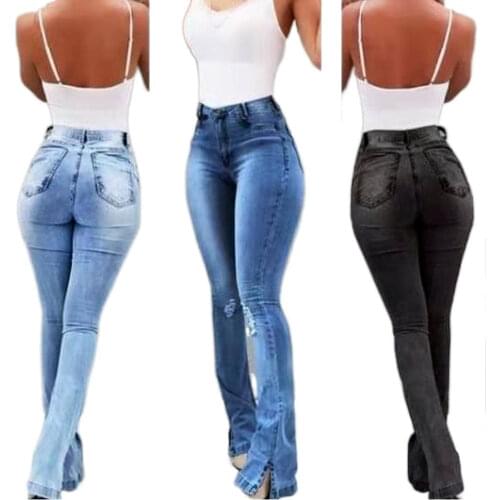 High Waist Skinny Boyfriend Black Ripped Jeans Women Hole Vintage Bell Bottom Pants Ladies Flare Distressed Jeans Denim Trousers