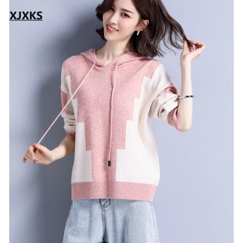XJXKS Fashion Hooded Sweater Women Pullover 2021 Spring Autumn New Loose Plus Size Wool Knitted Women Sweater